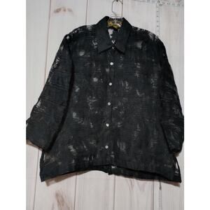 Mirasol Shirt Womens Large Black Sheer Button Up Rayon Blend Floral Pattern Top